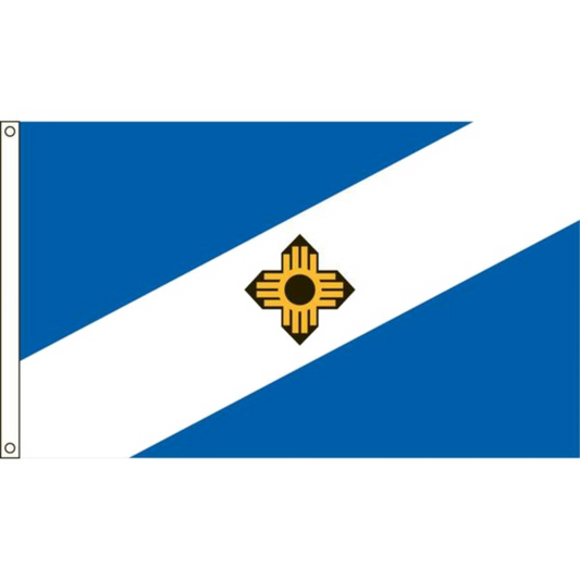 Madison flag with blue and white diagonal stripes and a yellow symbol in the center