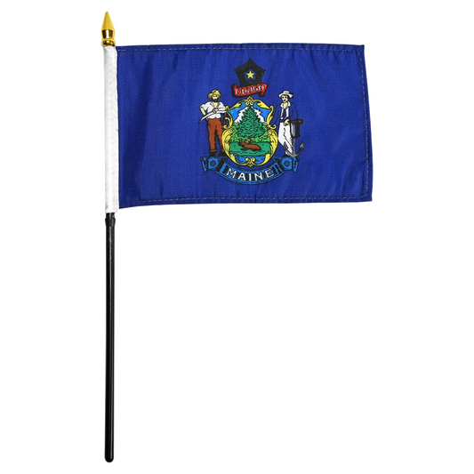 State of Maine blue stick flag featuring the full-color state seal with a moose, pine tree, farmer, and sailor on a blue field with text 'DIRIGO' and a yellow star.