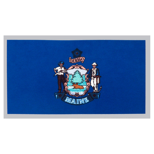 State of Maine blue flag featuring the full-color state seal with a moose, pine tree, farmer, and sailor on a blue field with text 'DIRIGO' and a yellow star.