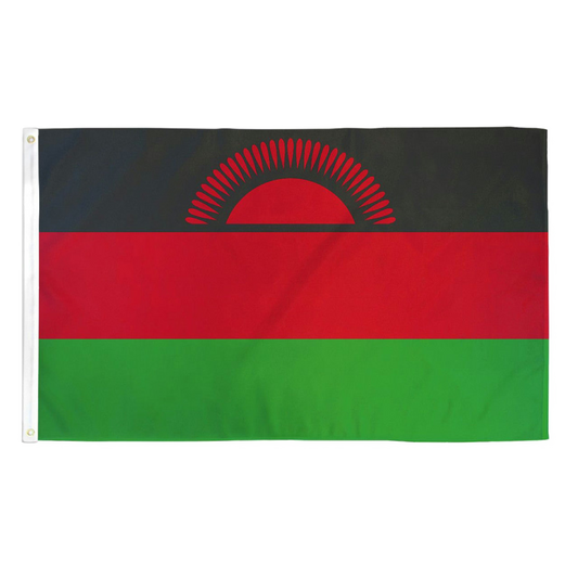 Flag of Malawi with black, red, and green colors on a white background