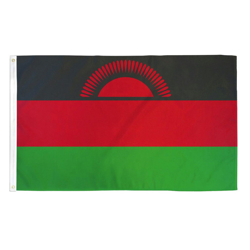 Flag of Malawi with black, red, and green colors on a white background