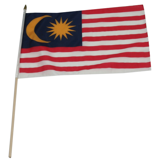 Malaysian flag on a stick against a white background