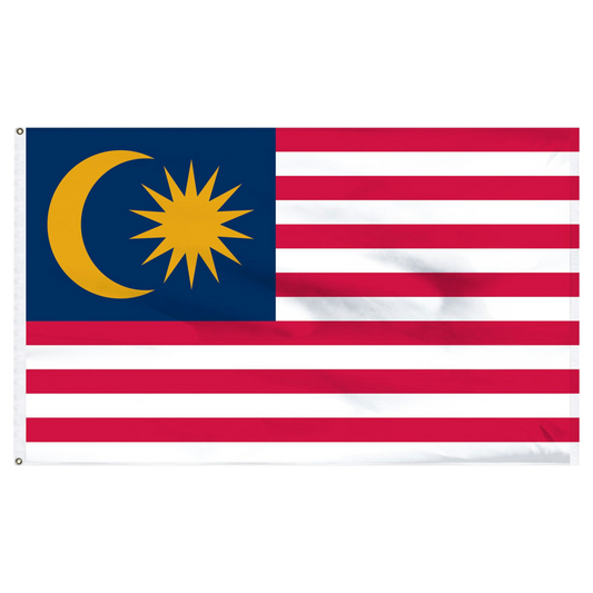 Flag of Malaysia with a blue canton featuring a yellow crescent and star and seven red stripes and seven white stripes.