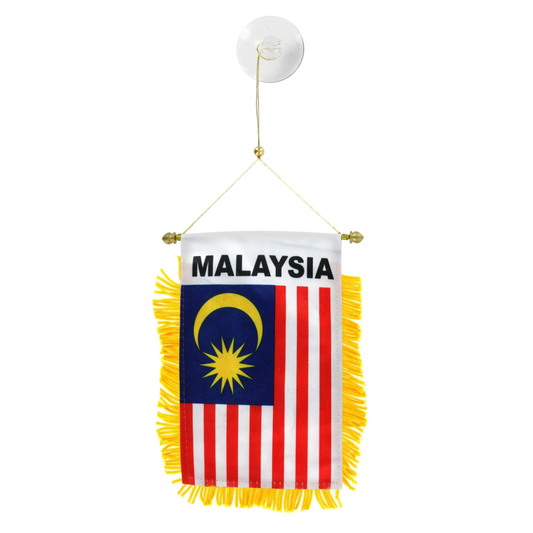 Malaysian flag hanging banner with yellow fringe on a white background