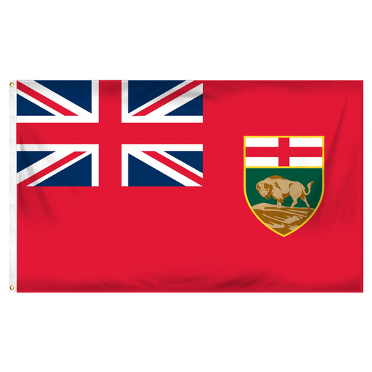 Manitoba flag with Union Jack and crest on a red background