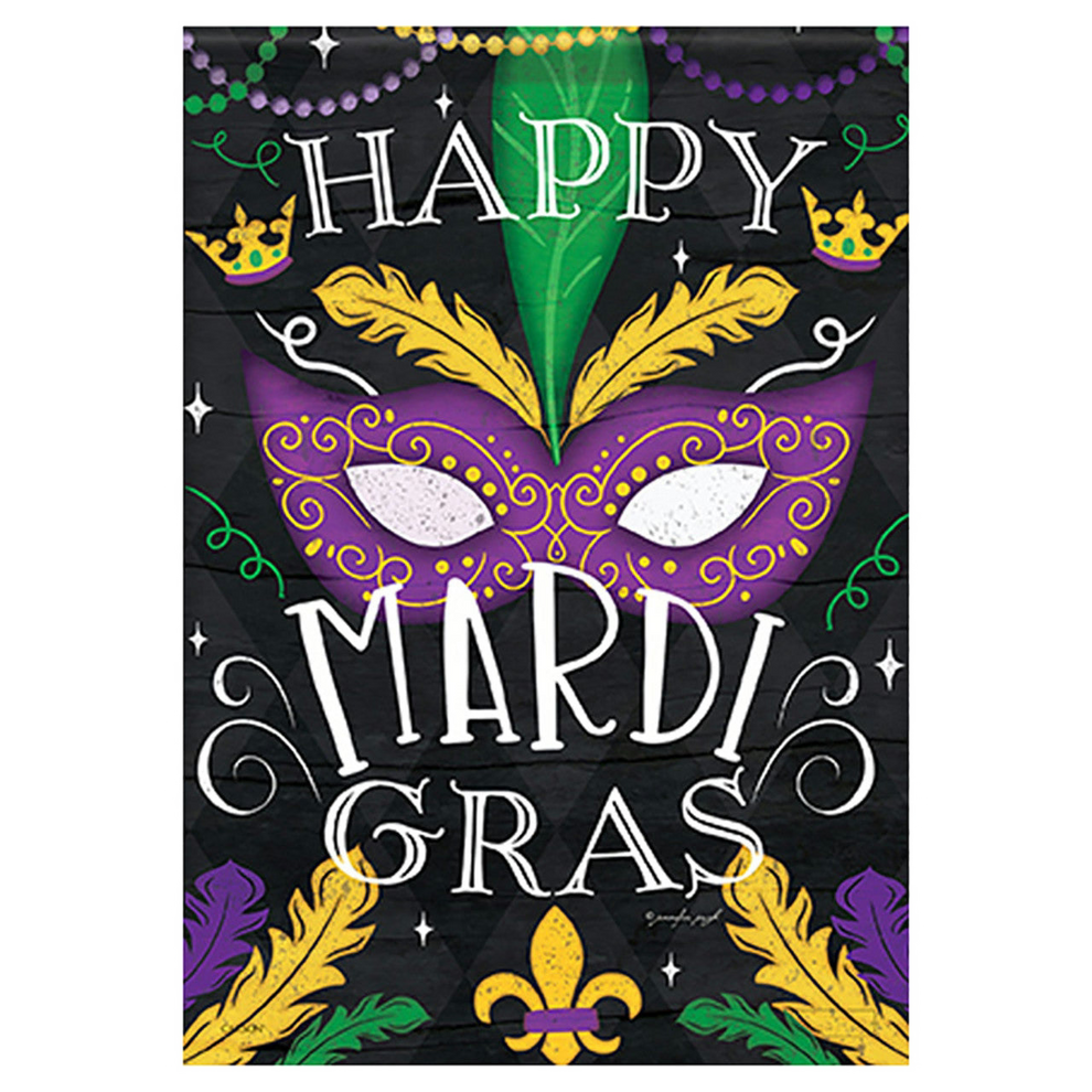 Mardi Gras-themed decorative banner with a mask, feathers, and text on a black background.