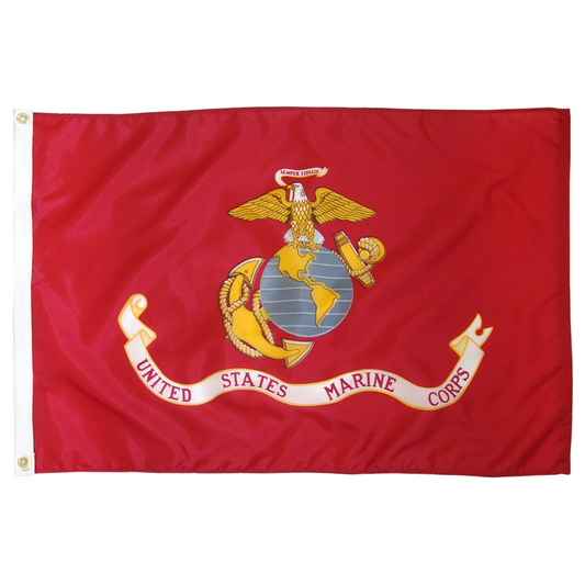 Red flag with the United States Marine Corps emblem on a white background