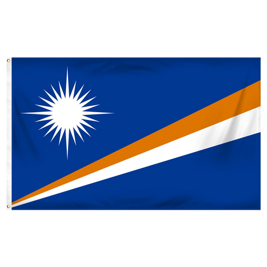 Marshall Islands flag with a white star on a blue background and orange and white diagonal stripes