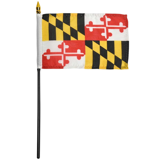 A Maryland state flag on a black staff with a gold spear finial, shown against a plain white background.