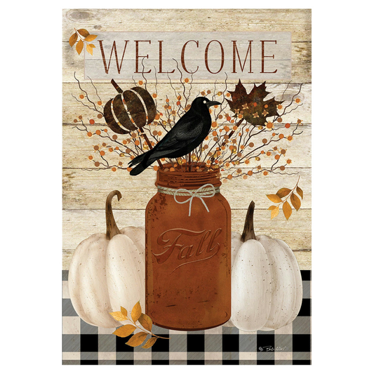 Decorative fall-themed flag with a mason jar, pumpkins, and a crow on a wooden background.