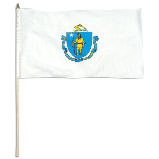 White Massachusetts state stick flag with a blue coat of arms featuring a person holding a sword on a white background