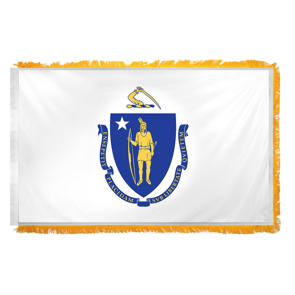 Massachusetts flag with a blue coat of arms featuring a gold figure and white star on a white background.