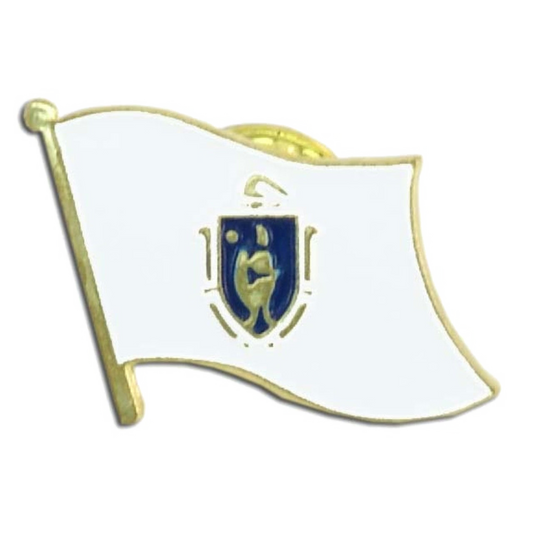 White flag pin with gold border and blue emblem featuring a gold figure on a white background
