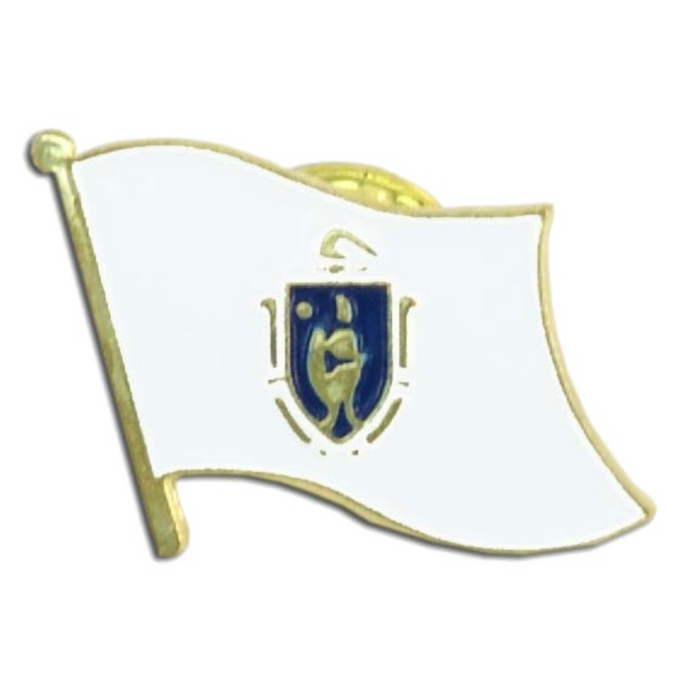 White flag pin with gold border and blue emblem featuring a gold figure on a white background