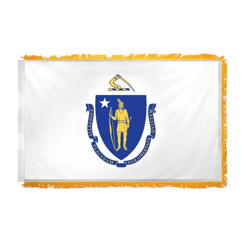 Massachusetts state flag with white field, blue shield, Native American figure, star, and gold fringe.