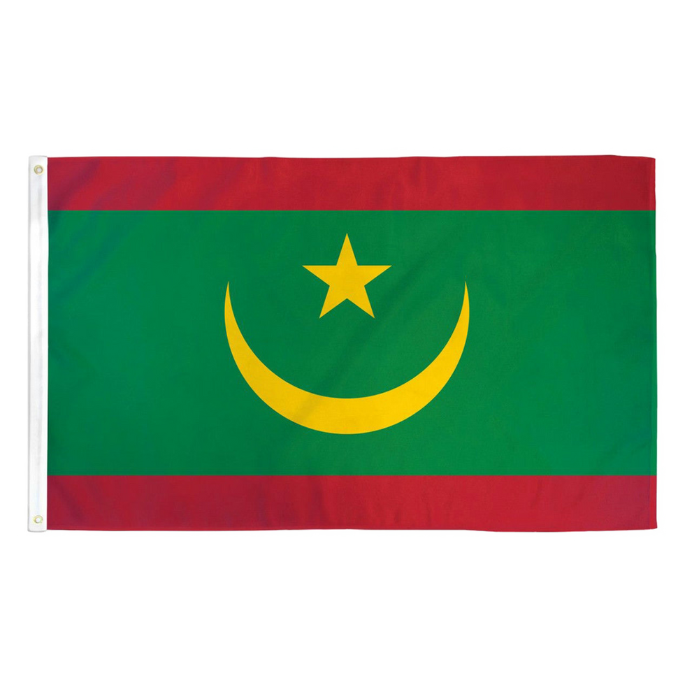 National flag of Mauritania featuring a green field with top and bottom red horizontal stripes, and a central yellow upward-pointing crescent and five-pointed star.