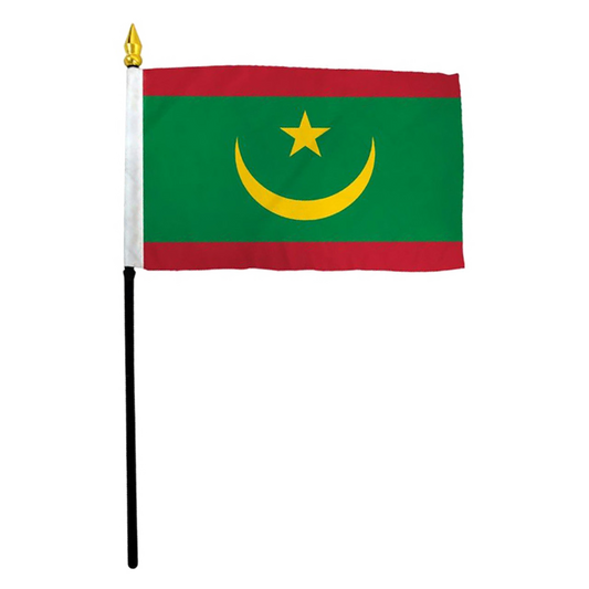 Mauritania stick flag with green, red, and yellow colors on a white background