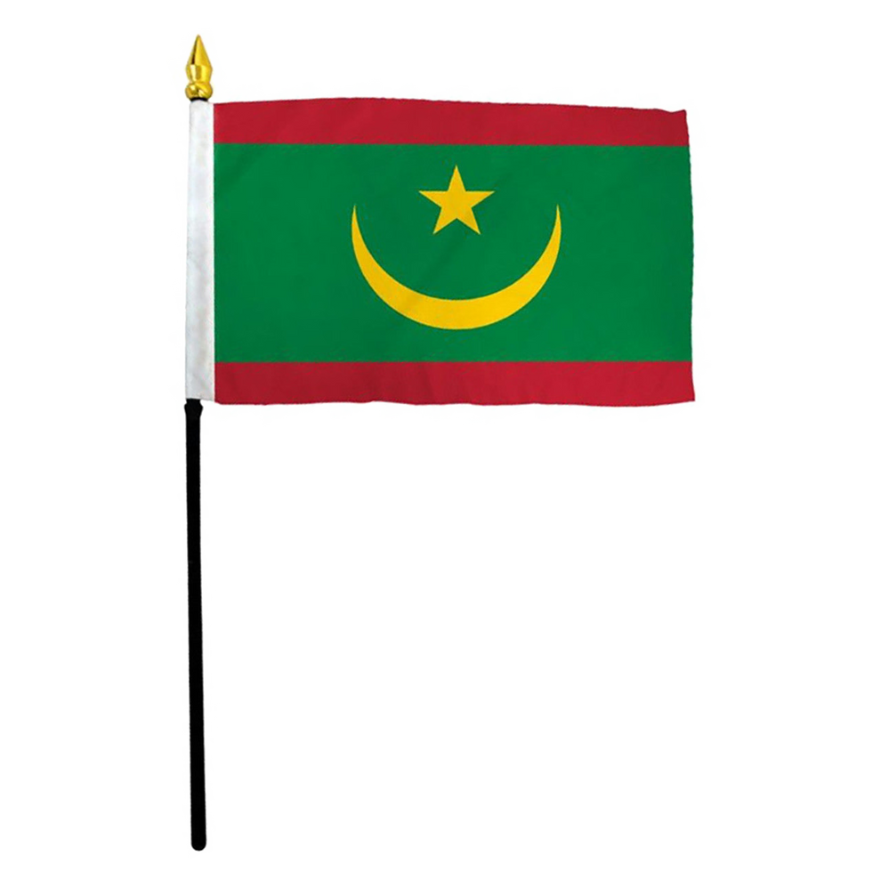 Mauritania stick flag with green, red, and yellow colors on a white background