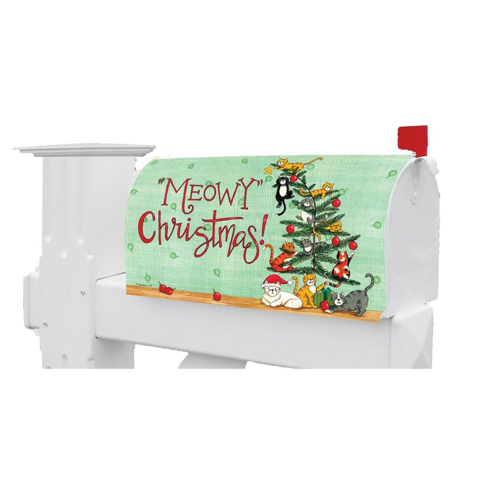 White mailbox with a Christmas-themed cover featuring cats around a tree and 'Meowy Christmas!' text.