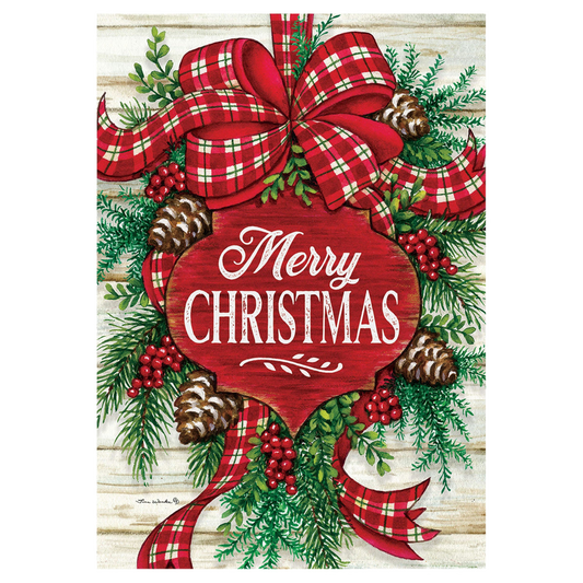 Christmas-themed decorative flag with plaid bow, pinecones, and 'Merry Christmas' text on a wooden background.
