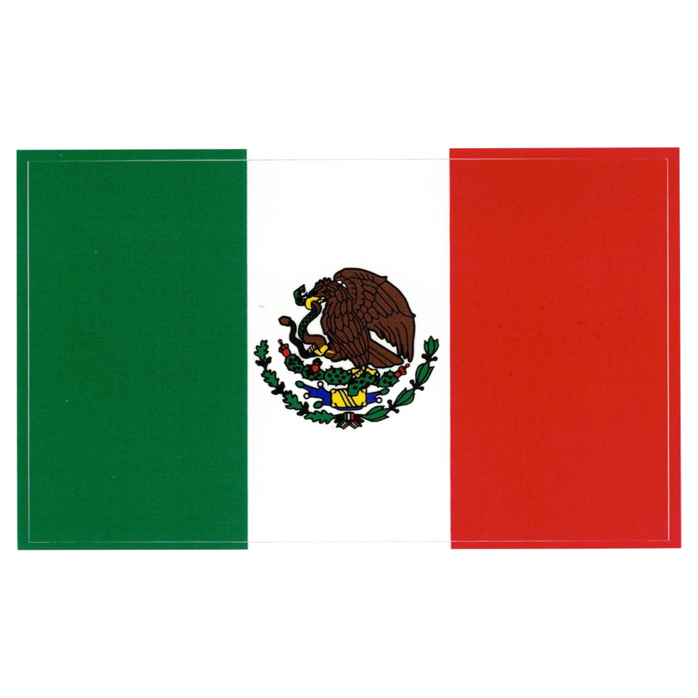 Flag of Mexico with green, white, and red colors and a central coat of arms featuring a bird.