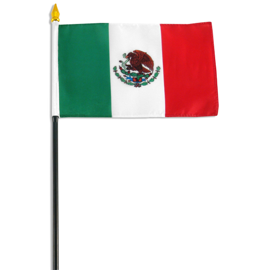 A small Mexican flag on a black pole with a gold spear finial, shown against a plain white background.