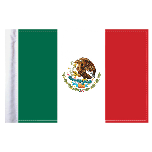 Flag of Mexico with green, white, and red colors and a central coat of arms featuring a bird.