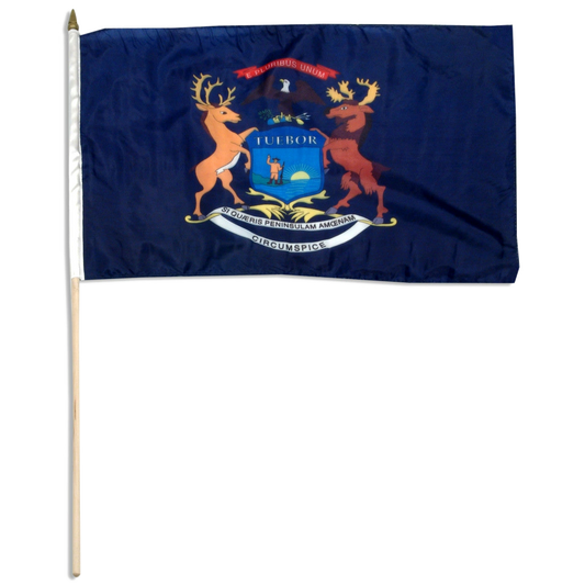 State of Michigan flag with a coat of arms on a blue background