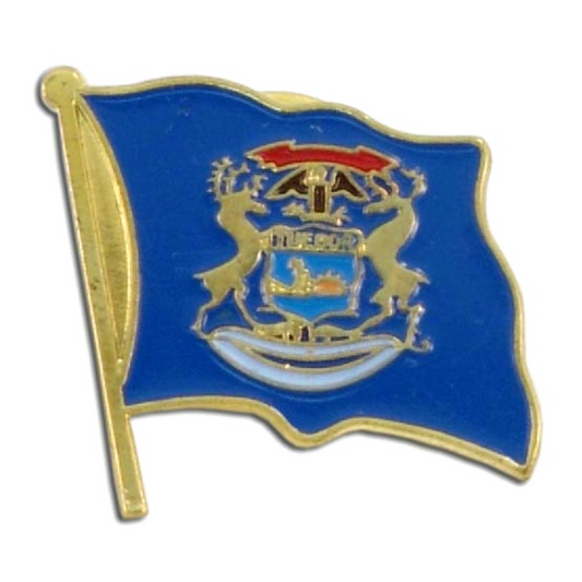 Blue Michigan flag pin with gold border and emblem on a white background