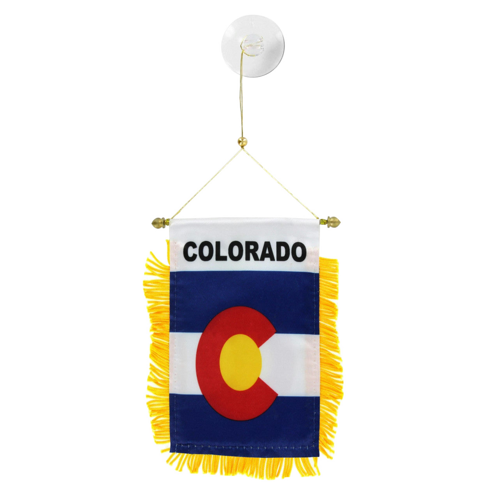 Colorado state flag hanging banner with yellow fringe on a white background