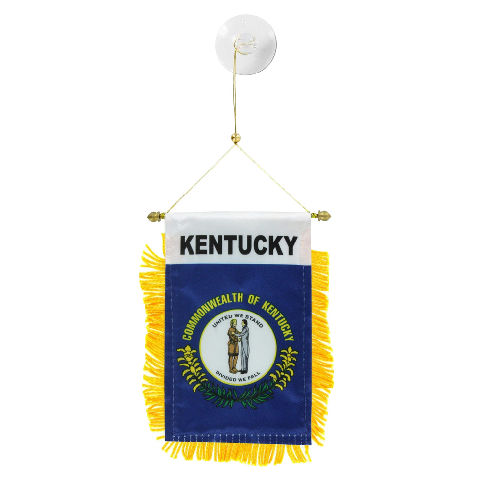 Kentucky state flag hanging banner with yellow fringe on a white background