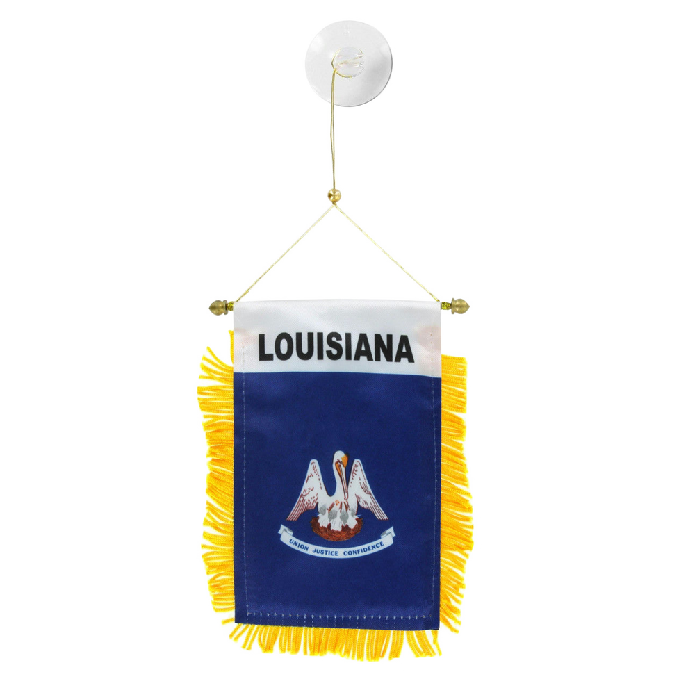 Small flag with 'Louisiana' text and emblem on a white background