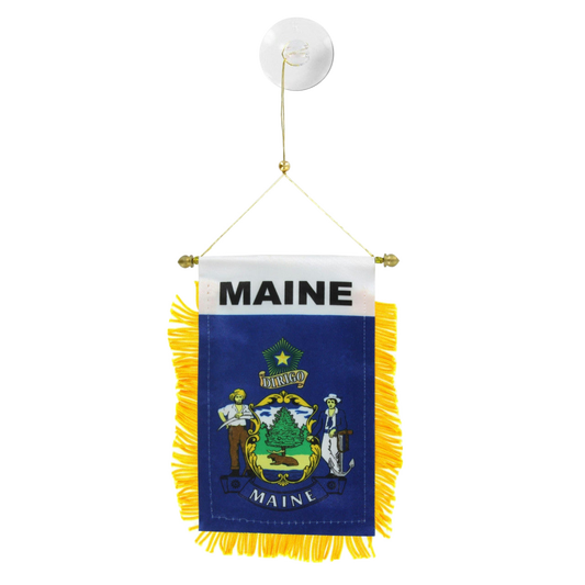 Miniature flag of Maine with yellow fringe on a white background