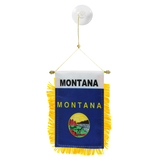 Montana state flag hanging banner with yellow fringe on a white background