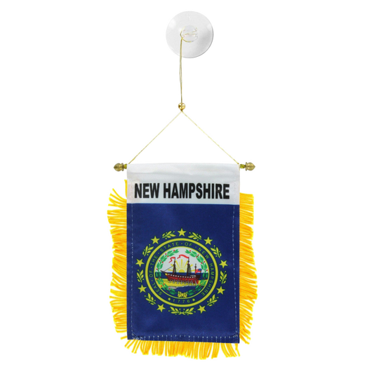 Small New Hampshire state flag with yellow fringe on a white background