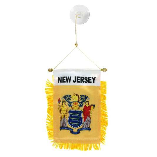 Small hanging flag with 'New Jersey' text and emblem on a white background