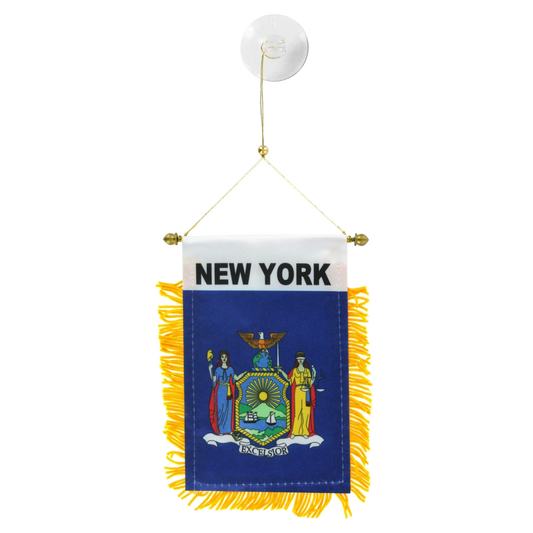 Small hanging flag with 'New York' text and emblem on a white background