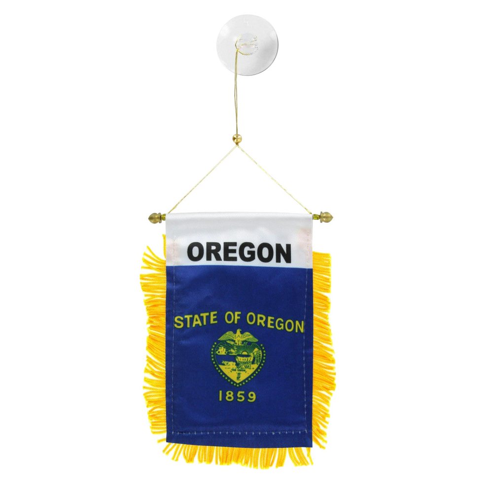 Small hanging flag with 'OREGON' and 'STATE OF OREGON 1859' text on a white background