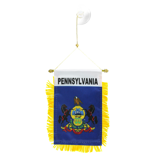 Pennsylvania state flag hanging banner with yellow fringe on a white background