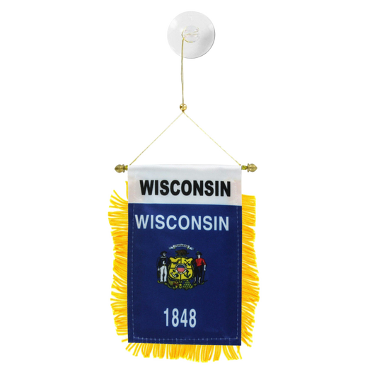 Wisconsin state flag hanging banner with yellow fringe on a white background