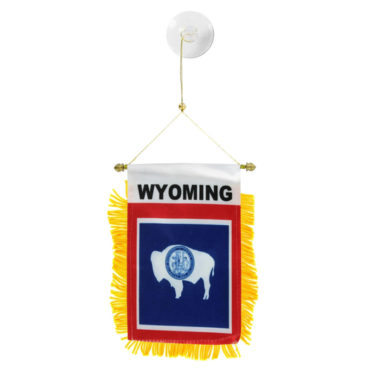 Small flag with 'Wyoming' text and a buffalo emblem on a white background
