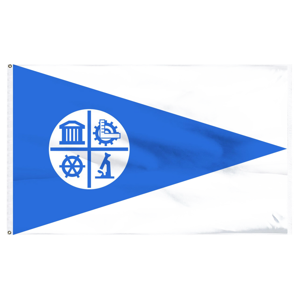 Minneapolis Blue and white flag with blue triangle and a circular emblem featuring symbols.