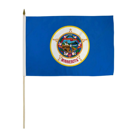 Minnesota state flag on a stick with a white background