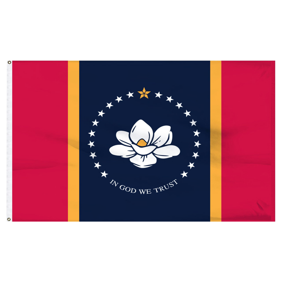 Mississippi state flag with a central design featuring a flower and 'In God We Trust' text, flanked by red and gold stripes on a blue background.