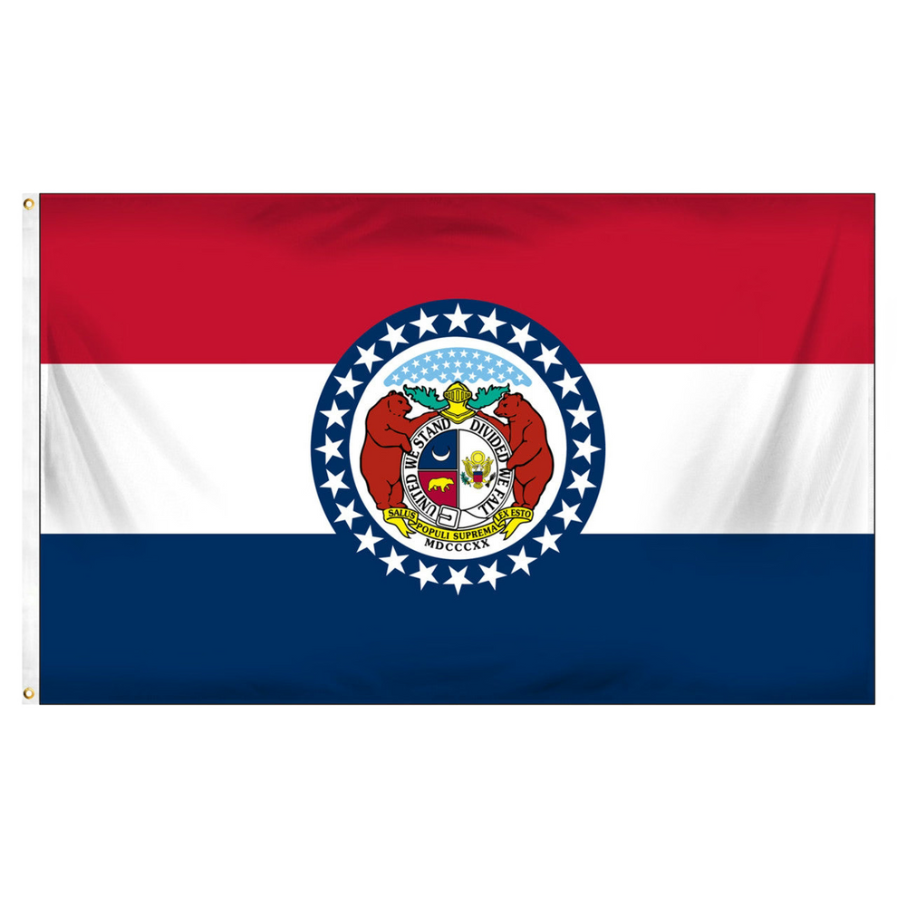 Flag of Missouri with red, white, and blue colors and a central emblem.