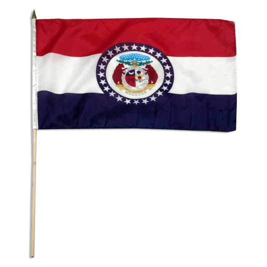 Flag of Missouri with red, white, and blue colors and a central emblem.