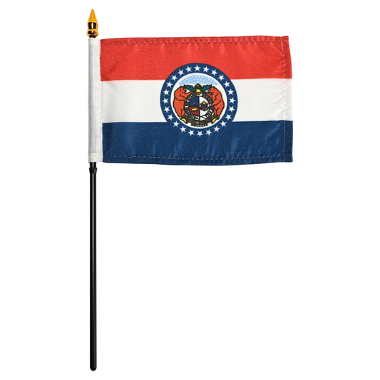 Flag of Missouri with red, white, and blue colors and a central emblem.