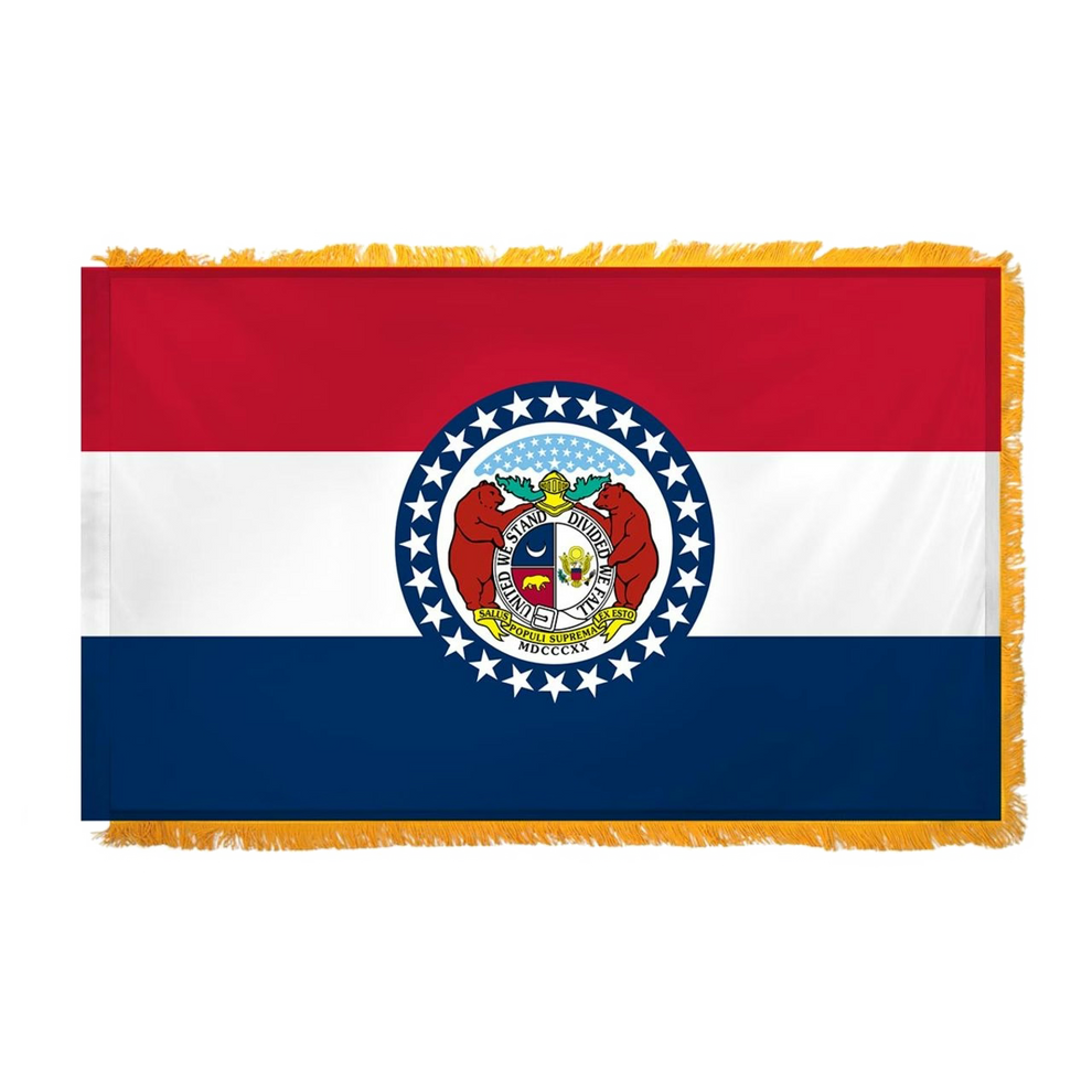 State of Missouri flag with a central emblem on a red, white, and blue background