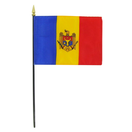 Blue, yellow, and red flag of Moldova with a coat of arms on a white background