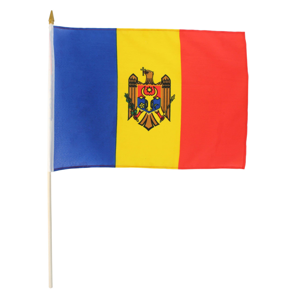 Blue, yellow, and red flag of Moldova with a coat of arms on a white background